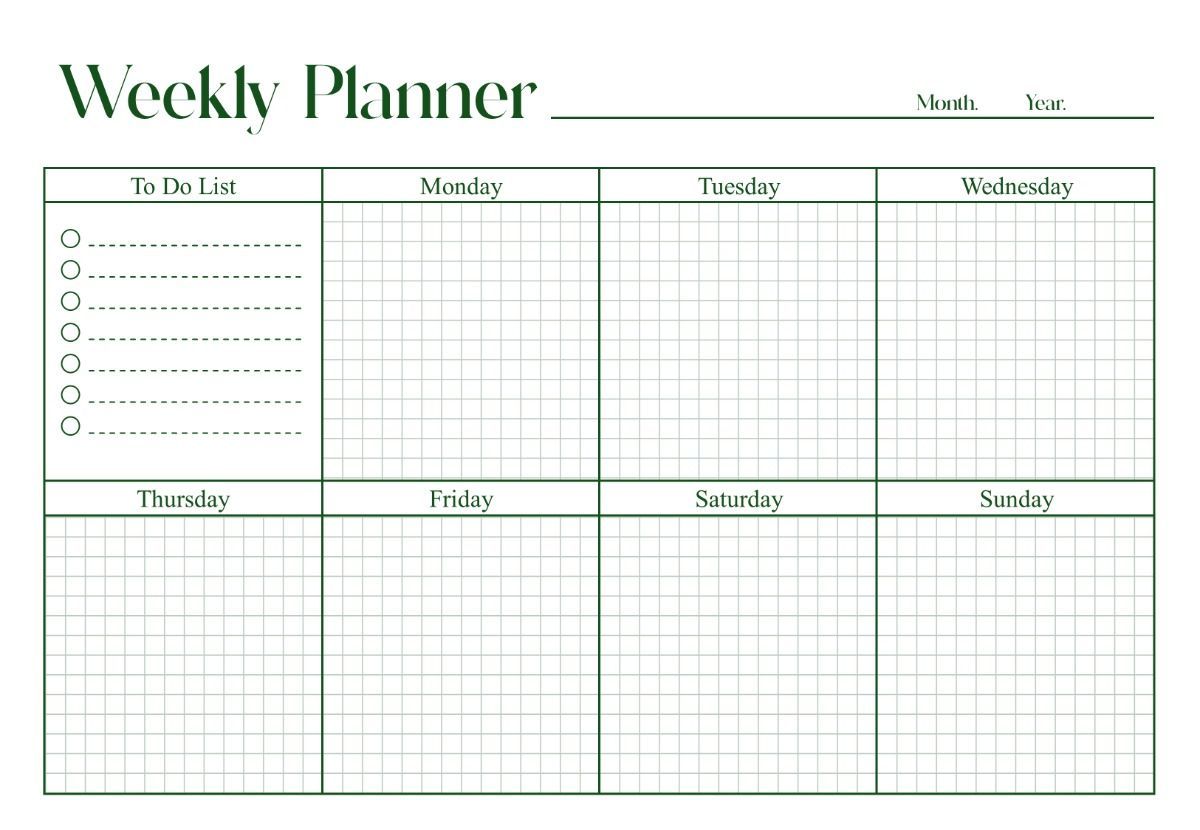 Printed weekly grid with margin rows for Quelthoriaex planning templates